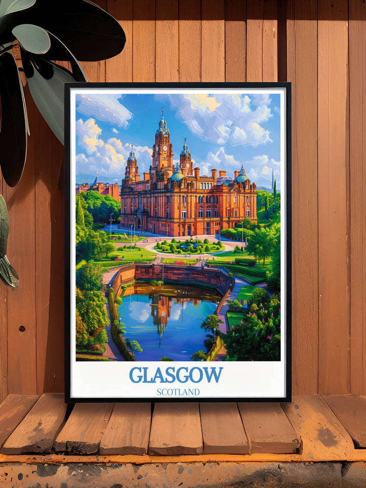 Our digital Glasgow travel art offers a modern depiction of the citys iconic sights, designed for art lovers wanting to incorporate printable Glasgow Scotland travel visuals into their space