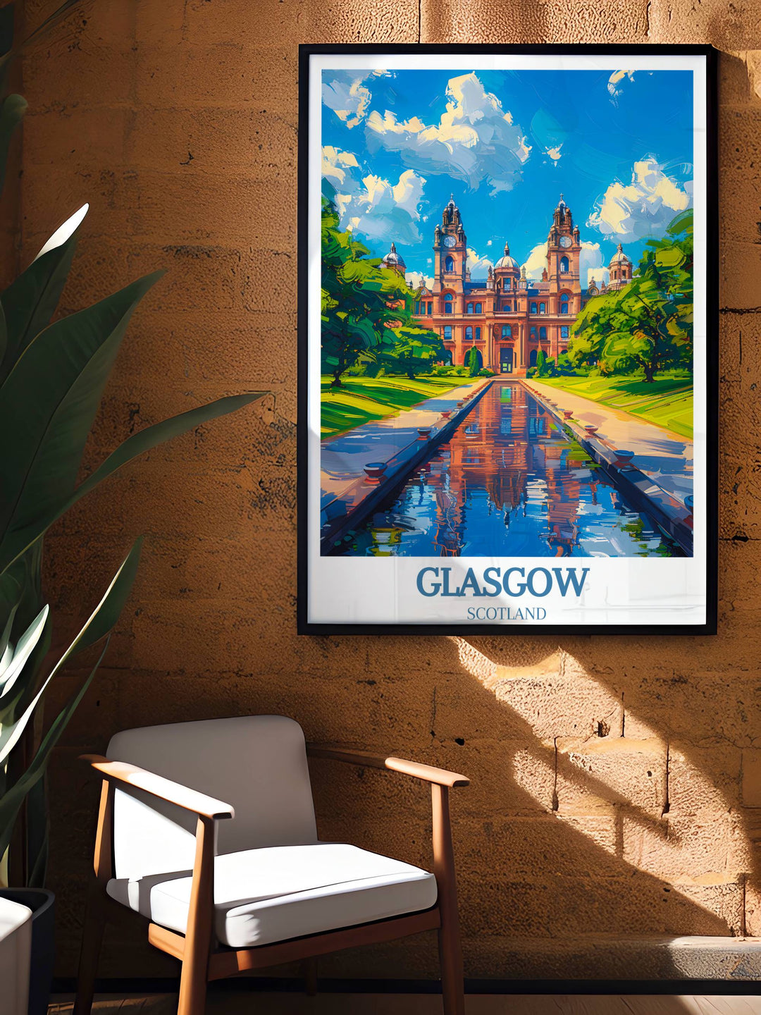This Glasgow wall hanging illustrates the citys enchanting appeal through detailed artwork, designed for art aficionados looking to gift or own a piece of Scotlands rich heritage and beauty, making it a cherished addition to any collection of travel-inspired decor.