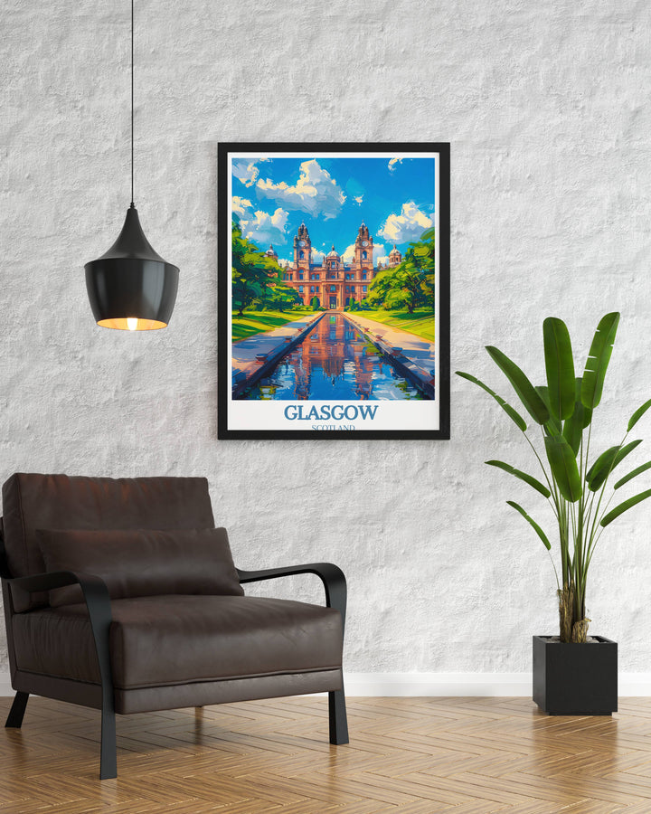 Digitally mastered Glasgow travel artwork, ready for wall hanging, presents a slice of Scottish beauty as a memorable housewarming gift, blending scenic vistas with the citys historic allure, perfect for those who wish to bring a piece of Scotland into their decor