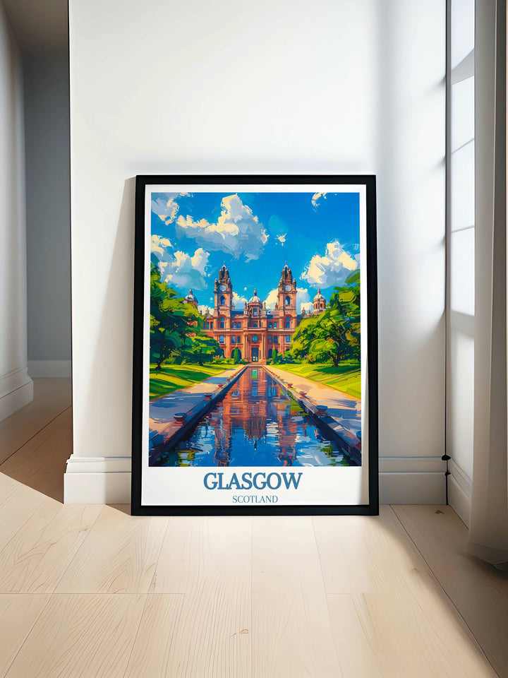 Vibrant Glasgow travel poster art captures the citys dynamic spirit, blending iconic architecture and bustling streets in a digital format, making it an ideal housewarming gift for those who cherish Scotlands charm and wish to bring it into their home decor