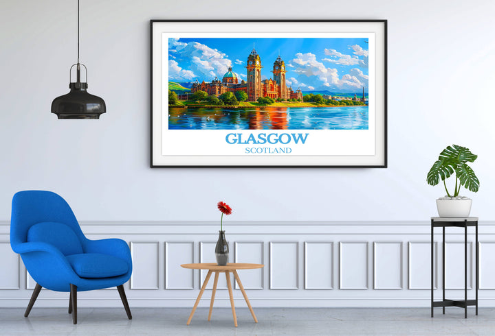 Exquisite Glasgow artwork with detailed cityscapes, serves as an ideal housewarming gift, offering a glimpse into Scotlands urban charm and adding a sophisticated element to any room