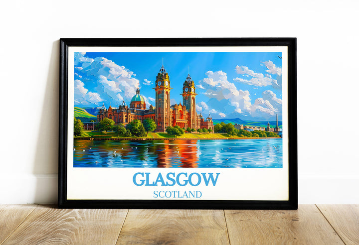 Vivid Glasgow travel poster art showcasing the citys vibrant streets and historic charm, perfect for those wishing to immerse in Scottish culture and add a touch of Glasgow to their home decor.
