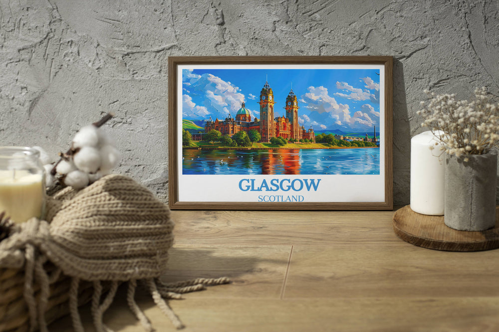 Digital Glasgow travel art piece captures the essence of Scotlands largest city, blending modern aesthetics with traditional landscapes, ideal for art enthusiasts and travelers alike