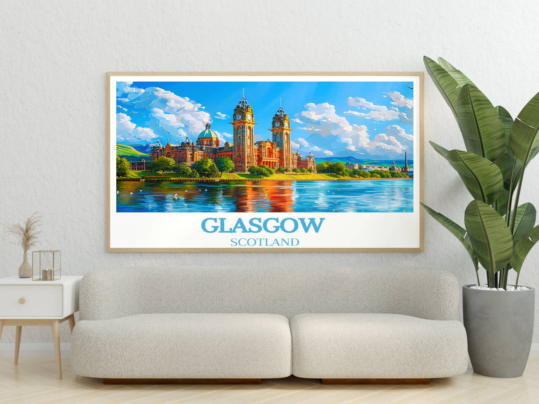 Printable Glasgow Scotland travel artwork, combining historic beauty with artistic flair, offers a unique way to decorate any space, bringing the spirit of Glasgow into homes and offices