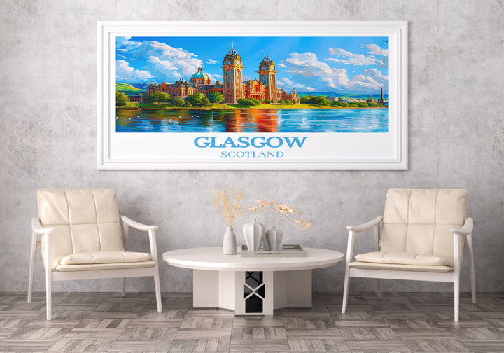 Glasgow prints capturing the vibrant life and stunning architecture of the city, serving as elegant pieces of travel wall art that bring a piece of Scotland into your living environment