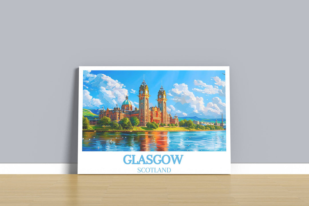Elegantly designed Glasgow poster, highlighting the citys iconic landmarks with artistic excellence, offers a refined touch to home decor, perfect for collectors and enthusiasts of Scottish culture