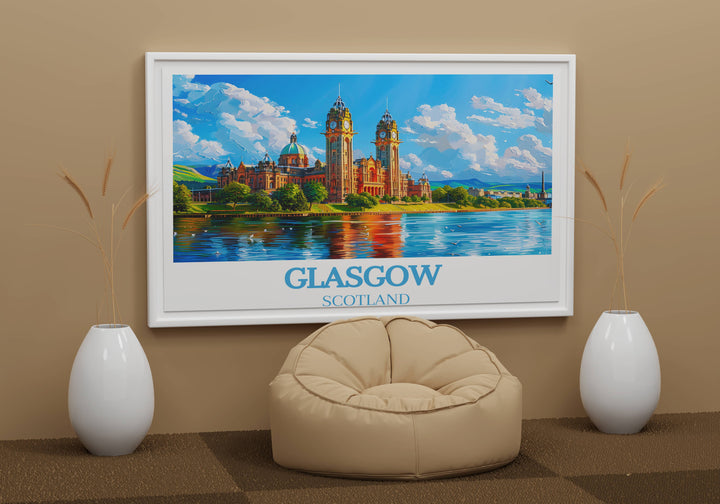 Glasgow travel print wall art meticulously designed to evoke the adventure and beauty of Scotland, making it a perfect gift for art lovers and globe-trotters wishing to keep their travel memories alive