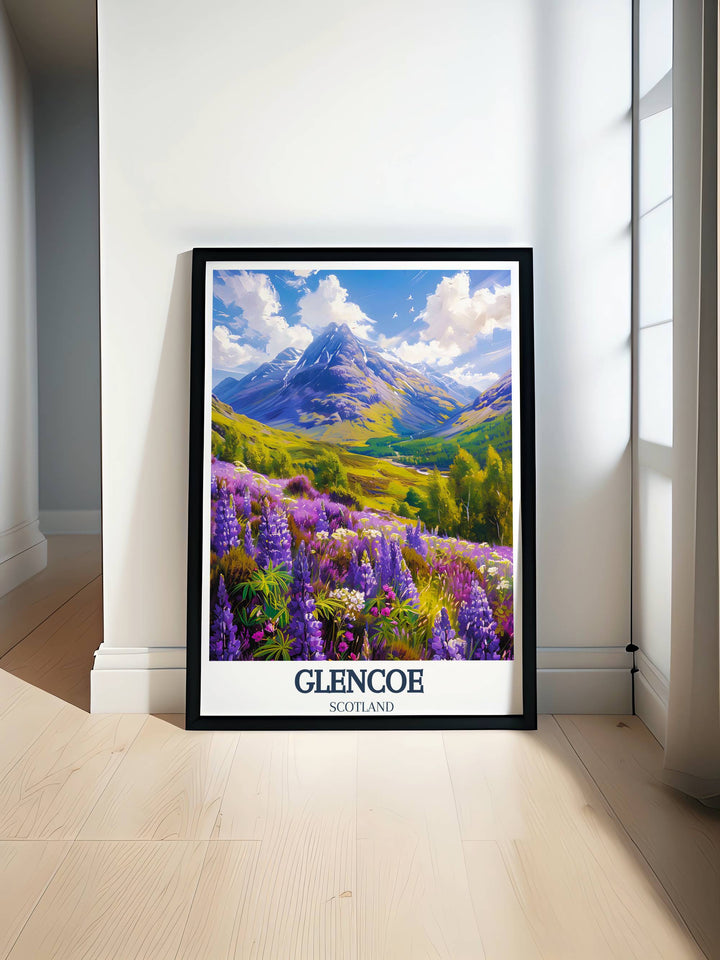A panoramic Glencoe Travel Print, weaving the natural grandeur and historical essence of Western Scotland into a captivating visual narrative.