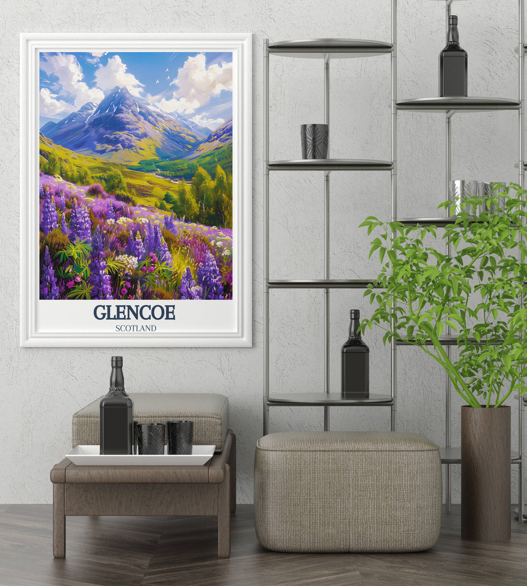 Vibrant Glencoe art print, showcasing the dynamic contrasts and breathtaking panoramas of Scotland, a masterpiece of visual storytelling.