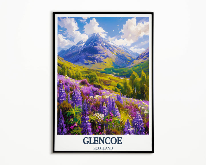 Inspirational Glencoe Travel Artwork, inviting viewers on a journey through the majestic scenery of Western Scotland, sparking wanderlust.