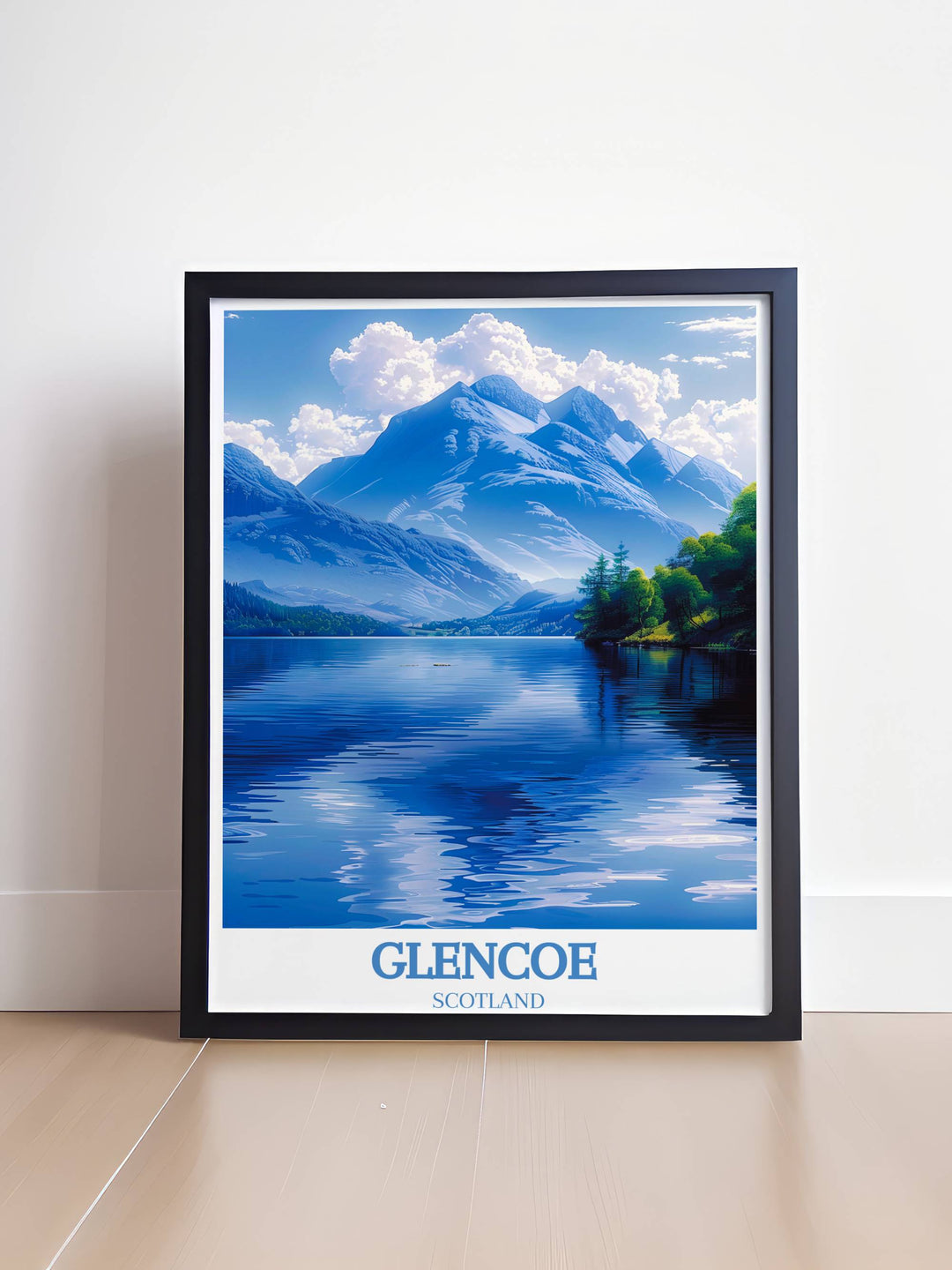 Europe travel posters proudly present the mystic allure of Glencoe, showcasing Scotland's dramatic landscapes and rich cultural heritage in vivid detail.