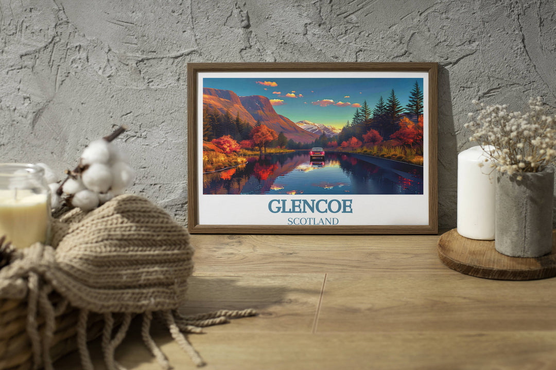 Glencoe Travel Prints capture the essence of Scottish adventure, perfect for adding a touch of wanderlust to your wall decor.