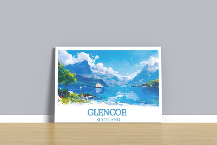 Scottish Highlands Travel Print that invites you on a visual journey to Glencoe, celebrating its natural splendor and mystical allure.