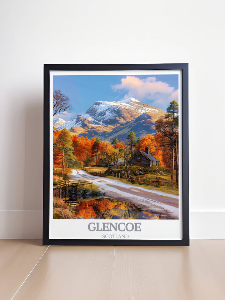 A stunning Glencoe Travel Print depicting the majestic landscapes of Western Scotland, perfect for adding a touch of Scottish beauty to any room.