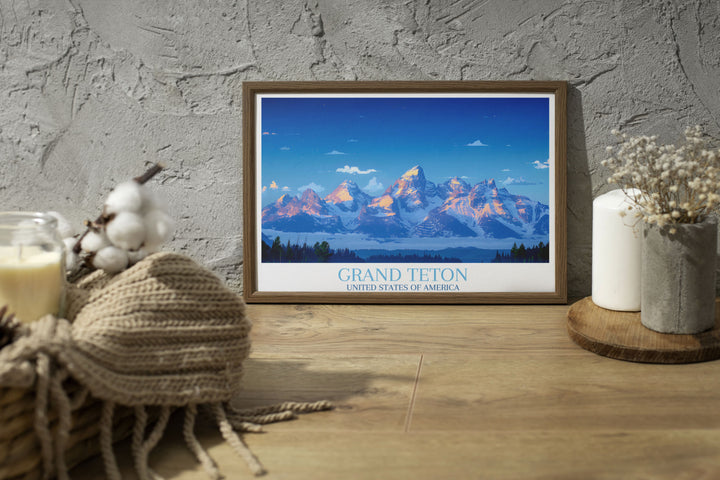 Artistic representation of Grand Teton Peak with vivid autumn colors decorating the surrounding forest, ideal for adding a touch of natures beauty to your living space.