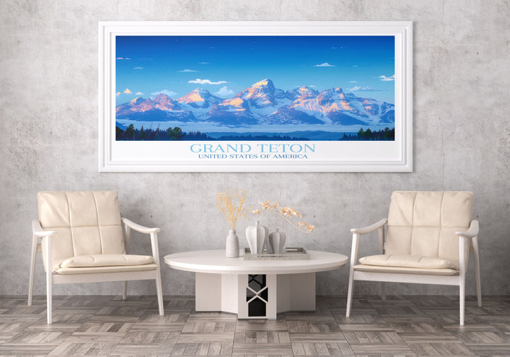 Starry night sky over Grand Teton Peak, with the Milky Way visible above, providing a spectacular backdrop for a stunning piece of wall decor.