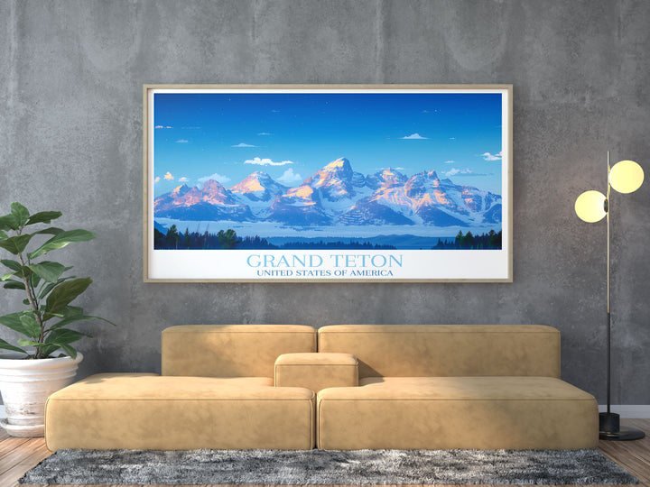 Sunset over Grand Teton National Park, highlighting Grand Teton Peak with alpenglow illuminating the rugged terrain, ideal for a travel poster in a collectors gallery.