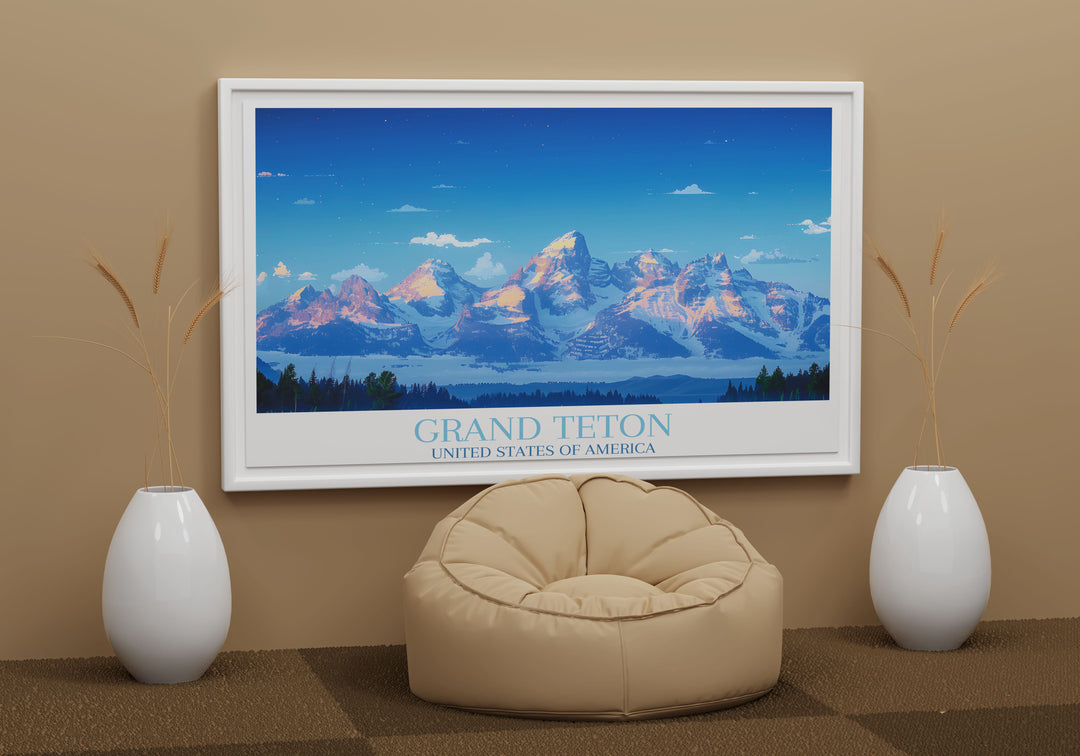 Aerial view of Grand Teton National Park during summer, showing Grand Teton Peak towering over the lush green landscape, captured in vivid detail on a fine art print.