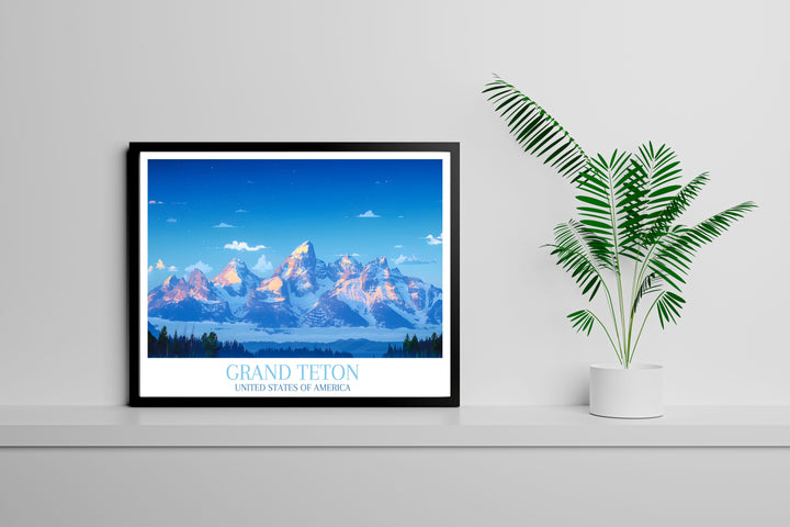 Close up of Grand Teton Peak during a foggy morning, the mysterious ambiance adding a unique touch to this travel art poster.