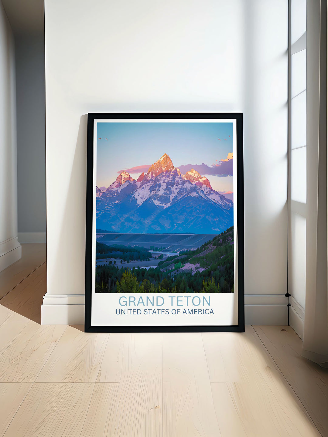 Sunset colors painting Grand Teton Peak in hues of orange and pink, a spectacular moment captured for an awe inspiring travel poster.