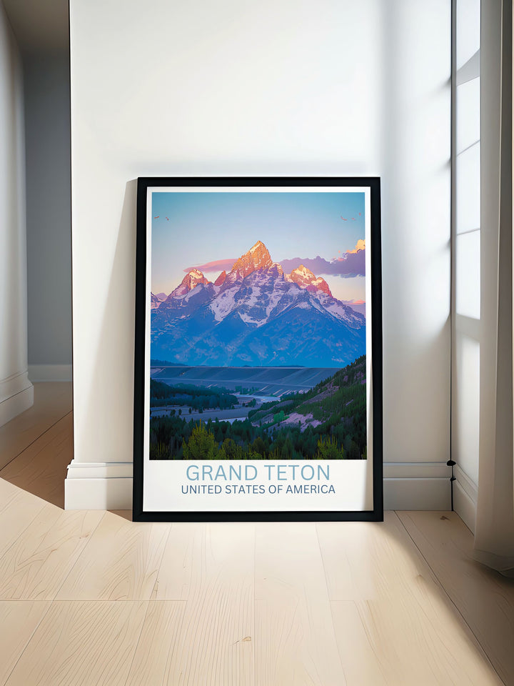 Sunset colors painting Grand Teton Peak in hues of orange and pink, a spectacular moment captured for an awe inspiring travel poster.