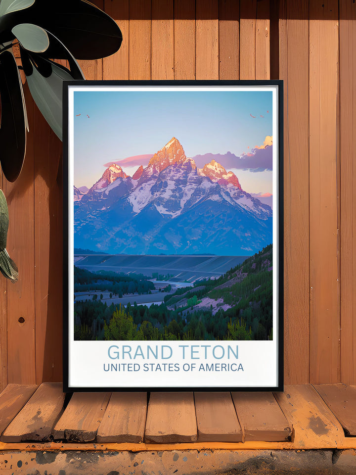 Aerial shot of Grand Teton National Park highlighting the vastness and rugged terrain of Grand Teton Peak, suitable for a striking centerpiece in any room.