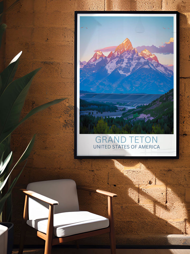 Grand Teton Peak framed art showcasing the mountains snow capped summit and lush greenery, perfect for adding a touch of wilderness to your home office or living room.