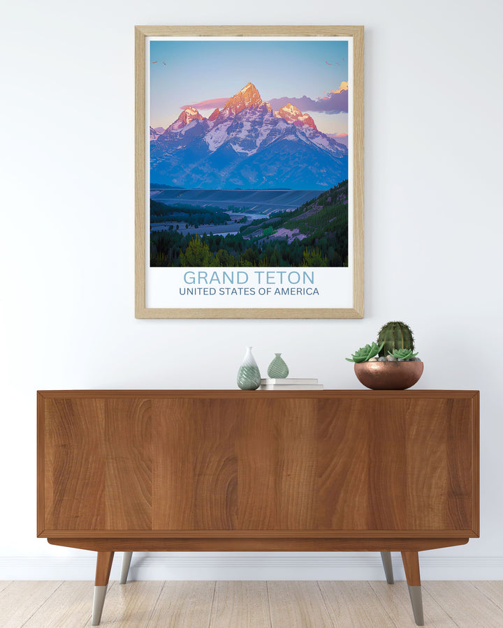 Vintage style poster of Grand Teton National Park, featuring Grand Teton Peak with classic typography and muted earth tones, ideal for retro inspired interiors.