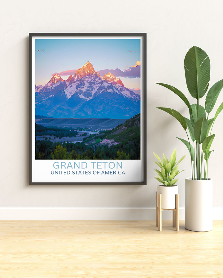 Custom print of Grand Teton Peak in autumn, personalized text option available, featuring vibrant fall foliage surrounding the serene lake and mountain.