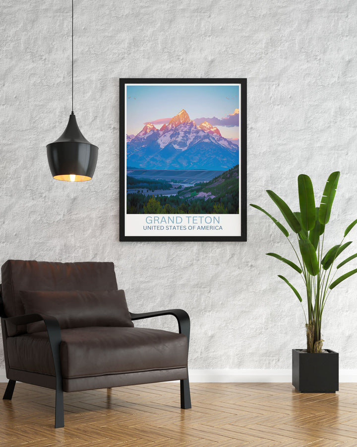 Early morning mist surrounding Grand Teton Peak, captured in a breathtaking travel poster, ideal for bringing a tranquil nature scene into your urban space.