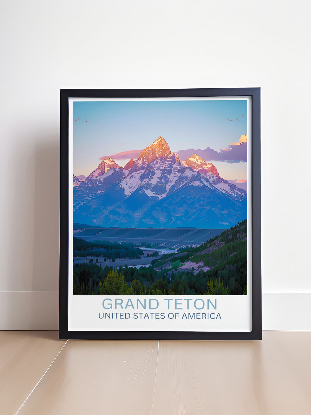 Panoramic view of Grand Teton National Park during spring, with Grand Teton Peak standing tall amidst blooming wildflowers and vibrant green fields.