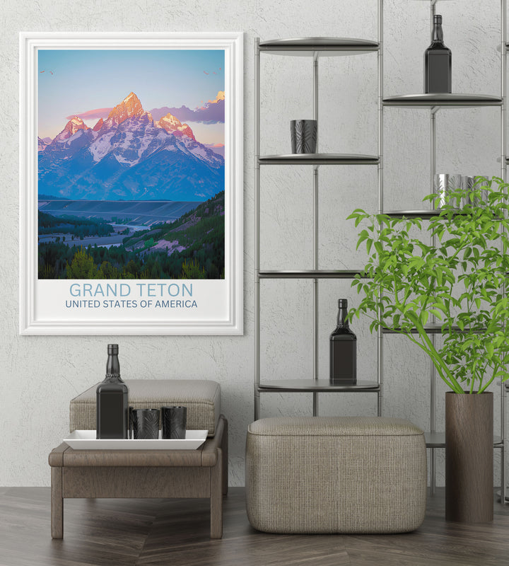 Winter view of Grand Teton Peak with snow covered trees and icy lake foreground, a serene and crisp landscape perfect for a seasonal wall decor.