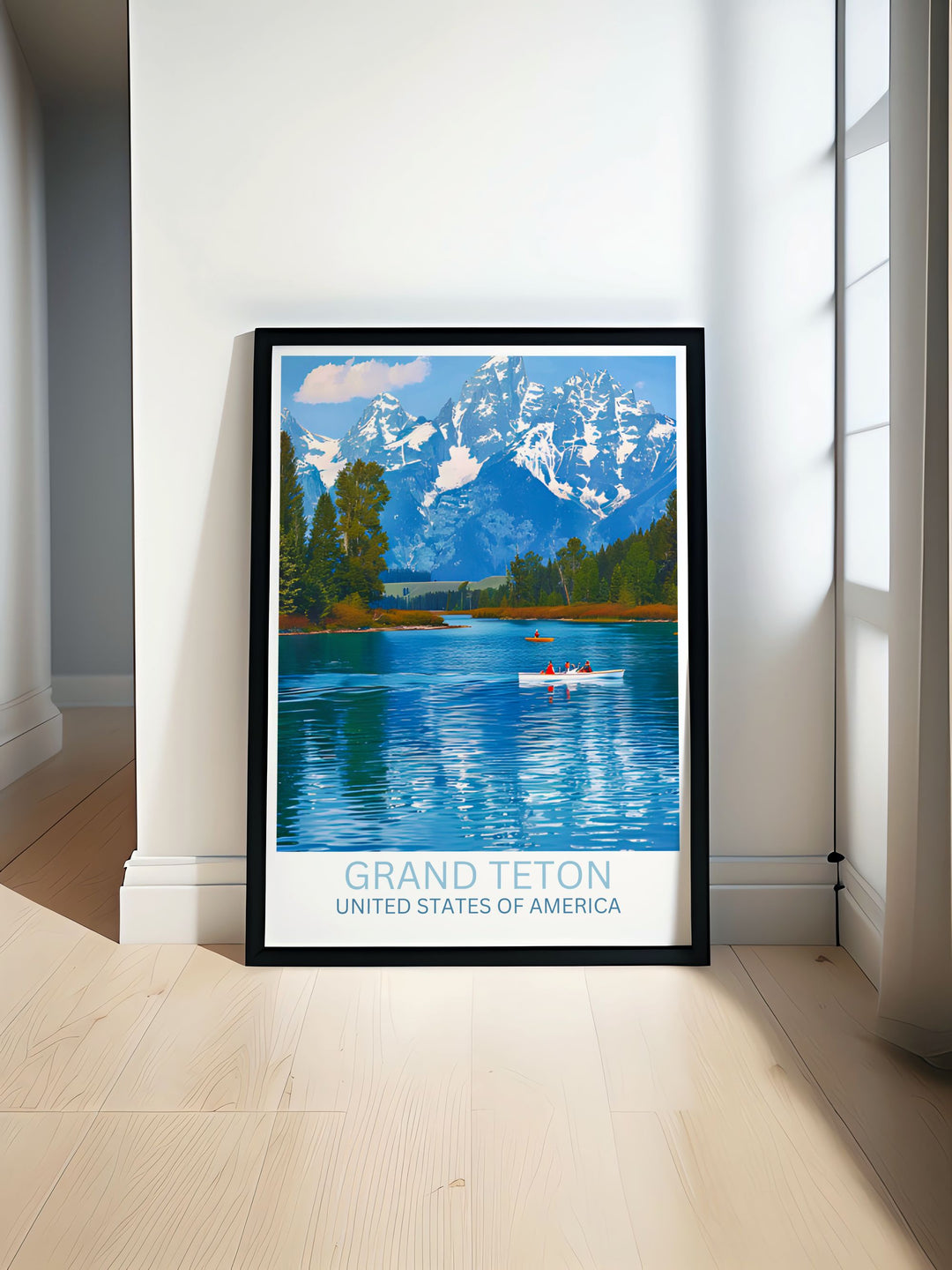 Detailed artistic rendition of Jackson Lake with the reflection of Grand Teton in the calm waters, perfect for a peaceful home environment.