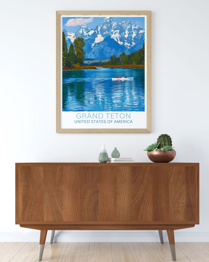 Vibrant autumn colors surrounding Jackson Lake, with Grand Teton looming majestically in the background, captured in a stunning fine art print.