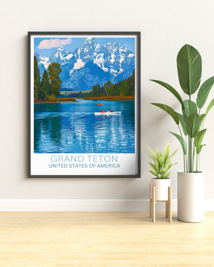 Winter scene at Jackson Lake, with snow covered banks and icy waters under a clear blue sky, perfect for seasonal home décor.
