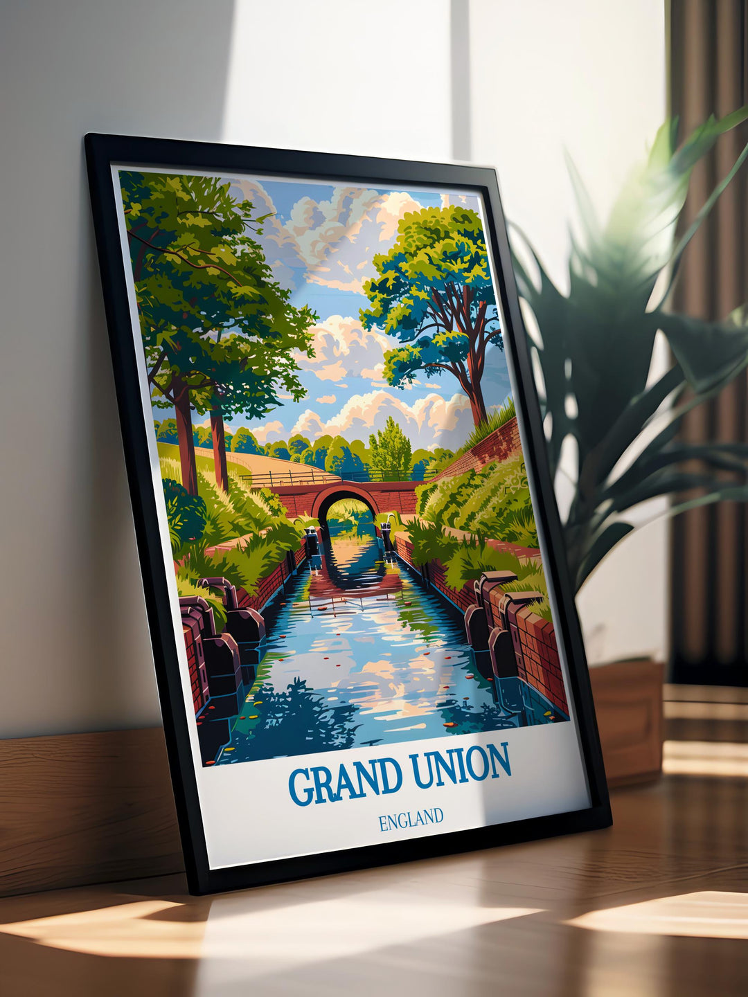 Detailed artwork of a serene boating scene on Grand Union Canal, ideal gift for those who cherish narrowboat art and peaceful landscapes.