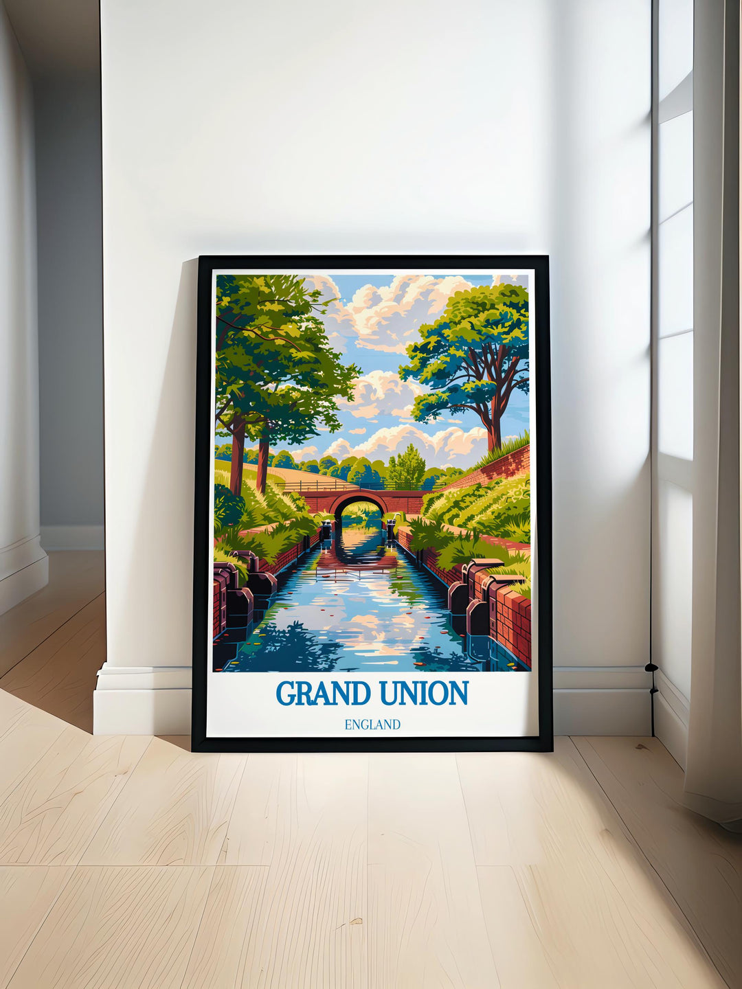 Detailed illustration of the Grand Union Canal framed by lush greenery in Cassiobury Park, featuring colorful narrowboats, perfect for boating and canal enthusiasts.