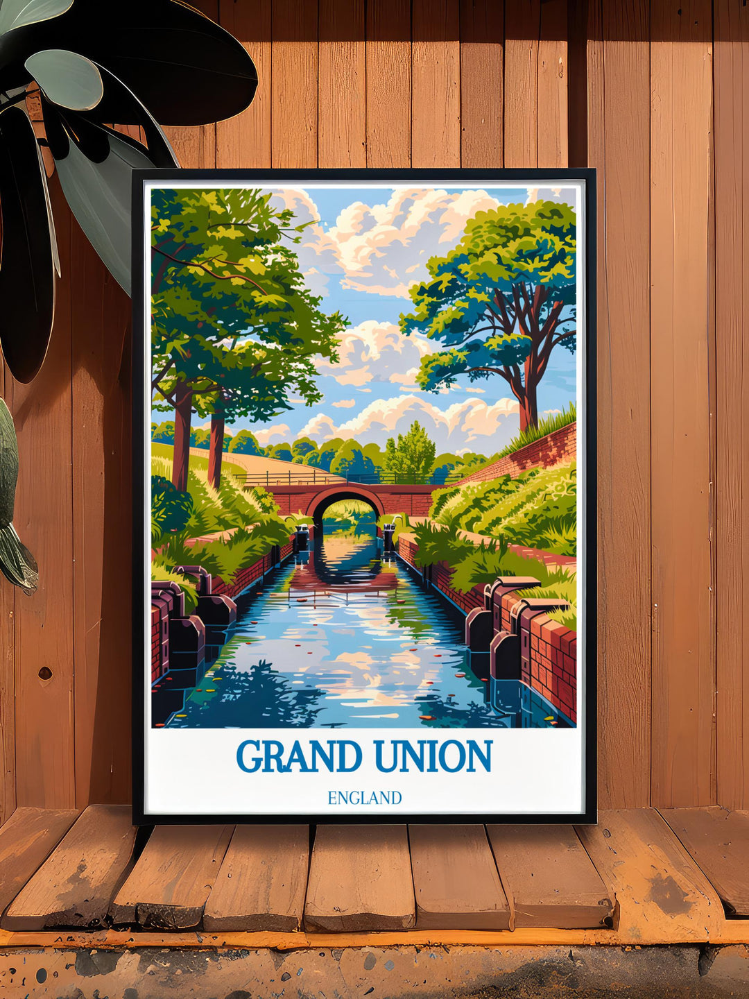 Colorful depiction of narrowboats on Grand Union Canal, reflecting the vibrant boating culture in England, great for canal poster art enthusiasts.