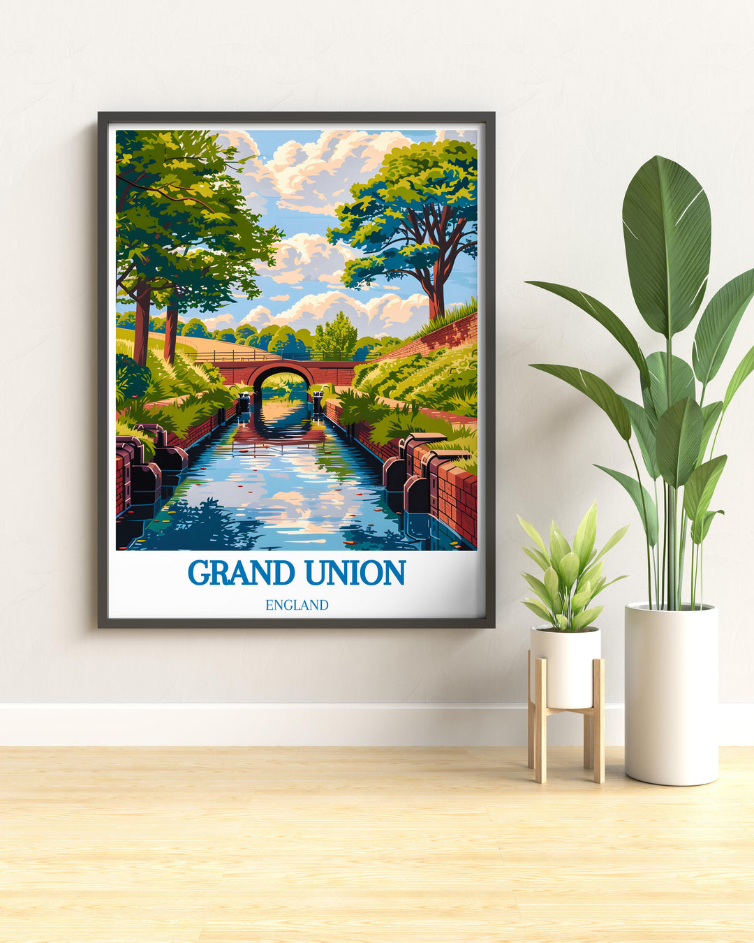 Retro style travel poster depicting the Grand Union Canal with vintage narrowboats and Regents Canal in the backdrop, ideal for collectors of England vintage posters.