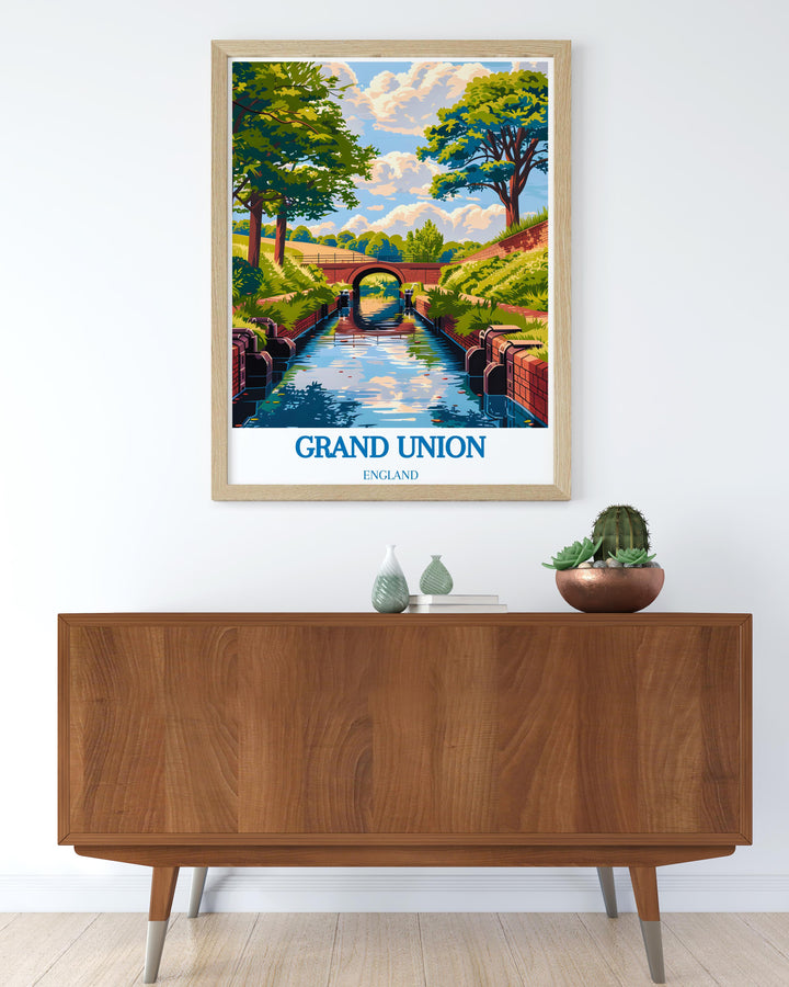 Artistic representation of Englands historic waterways, highlighting the Grand Union Canal lined with autumn foliage, a serene setting for home decor.