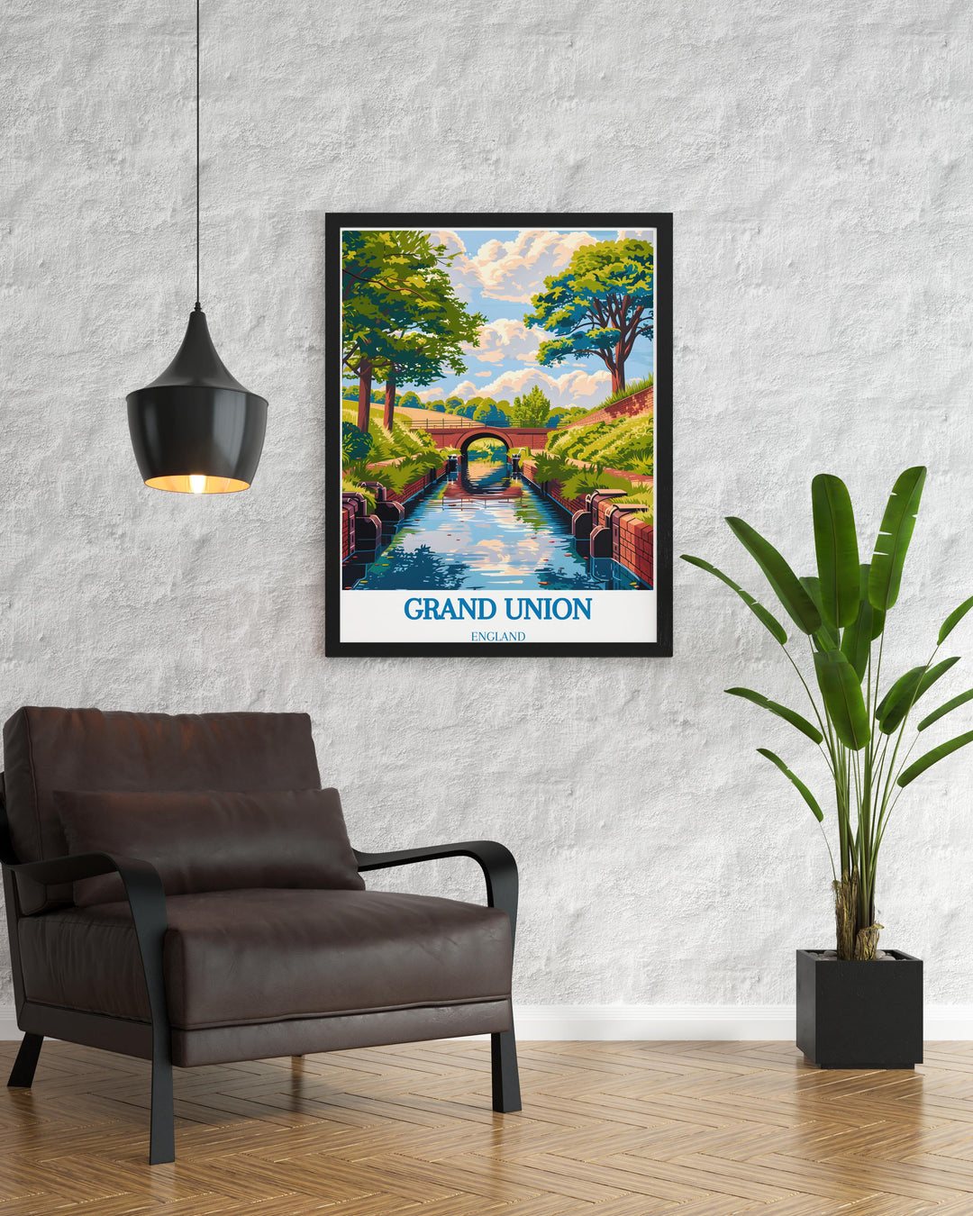 Nostalgic travel poster featuring the Grand Union Canal and its iconic narrowboats, capturing the essence of traditional British canal life.