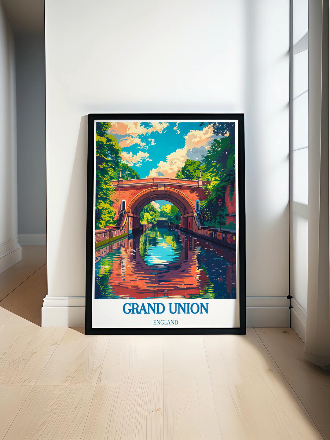 Detailed depiction of narrowboats on the tranquil waters of Grand Union Canal surrounded by lush greenery and vibrant wildlife, perfect for canal and boating enthusiasts.