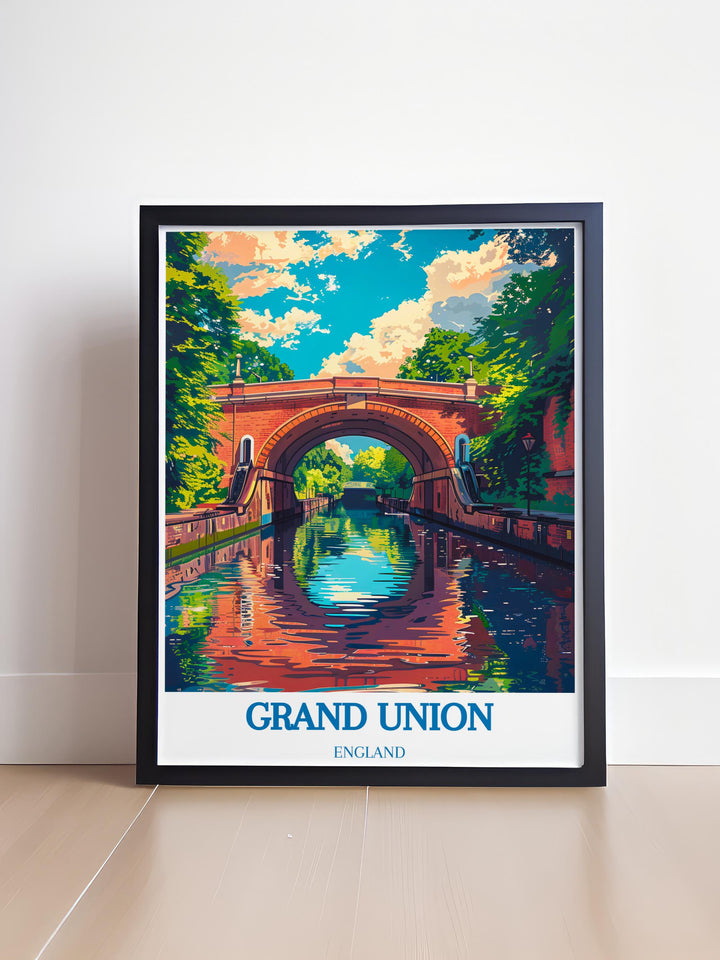 Artistic representation of Cassiobury Park along the Grand Union Canal in a vintage travel print, highlighting the natural beauty and serene environment.