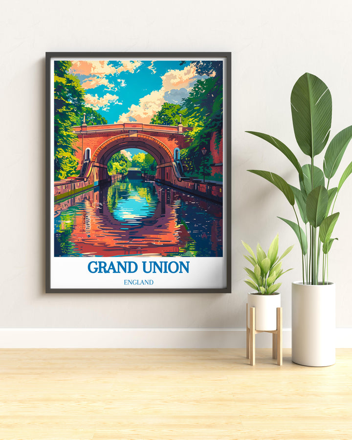 Grand Union Canal framed in a retro travel poster style, showcasing the historic waterway with its iconic narrowboats and scenic views.