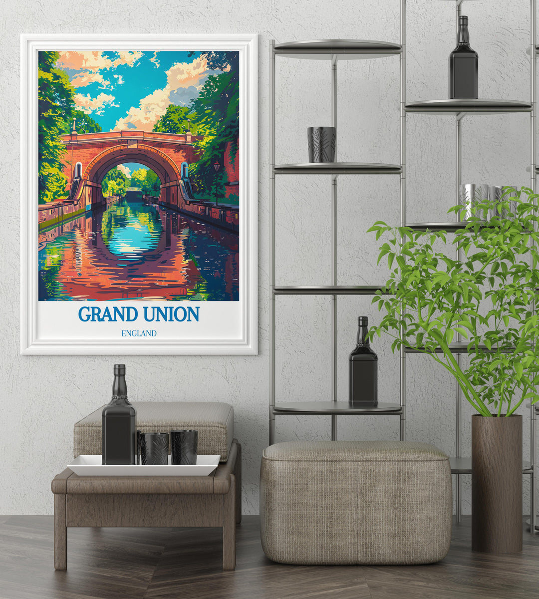 Vintage style narrowboat poster capturing the leisurely lifestyle on the Grand Union Canal, an excellent gift for those who love unique travel prints.