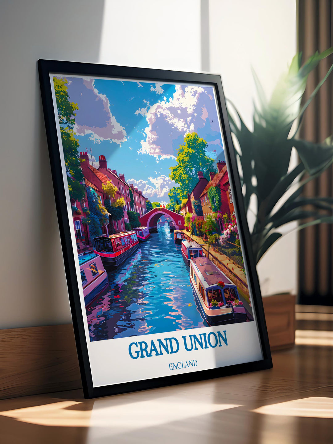 Retro style travel print of Little Venice, London, highlighting the blend of urban and natural beauty along the Grand Union Canal.