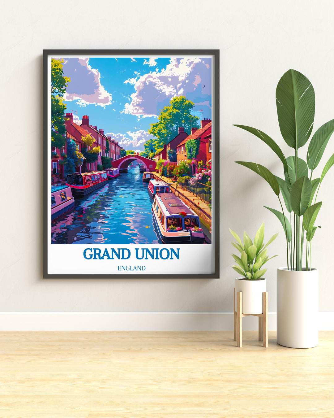 Artistic print capturing the charm of Little Venice, London with detailed narrowboats and reflections on the calm canal waters.