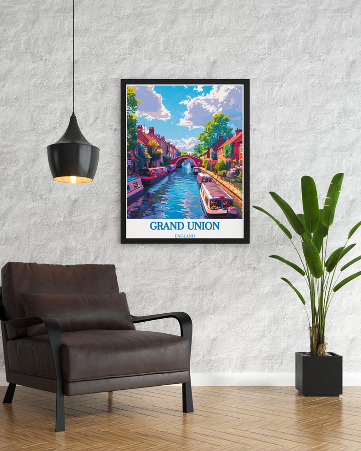 Detailed artwork showcasing the peaceful waterways of Little Venice, London, with traditional narrowboats and waterside cafes.