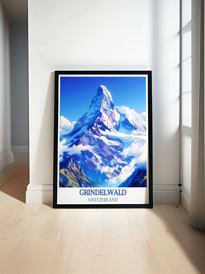 Winter scene featuring the snow covered peaks of Eiger with ski tracks and alpine trees, ideal for a ski resort poster.