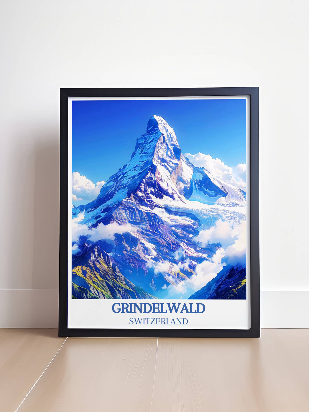 Panoramic view of Eiger Mountain towering over Grindelwald village with lush green fields and bright blue skies, perfect for a Swiss Alps print.